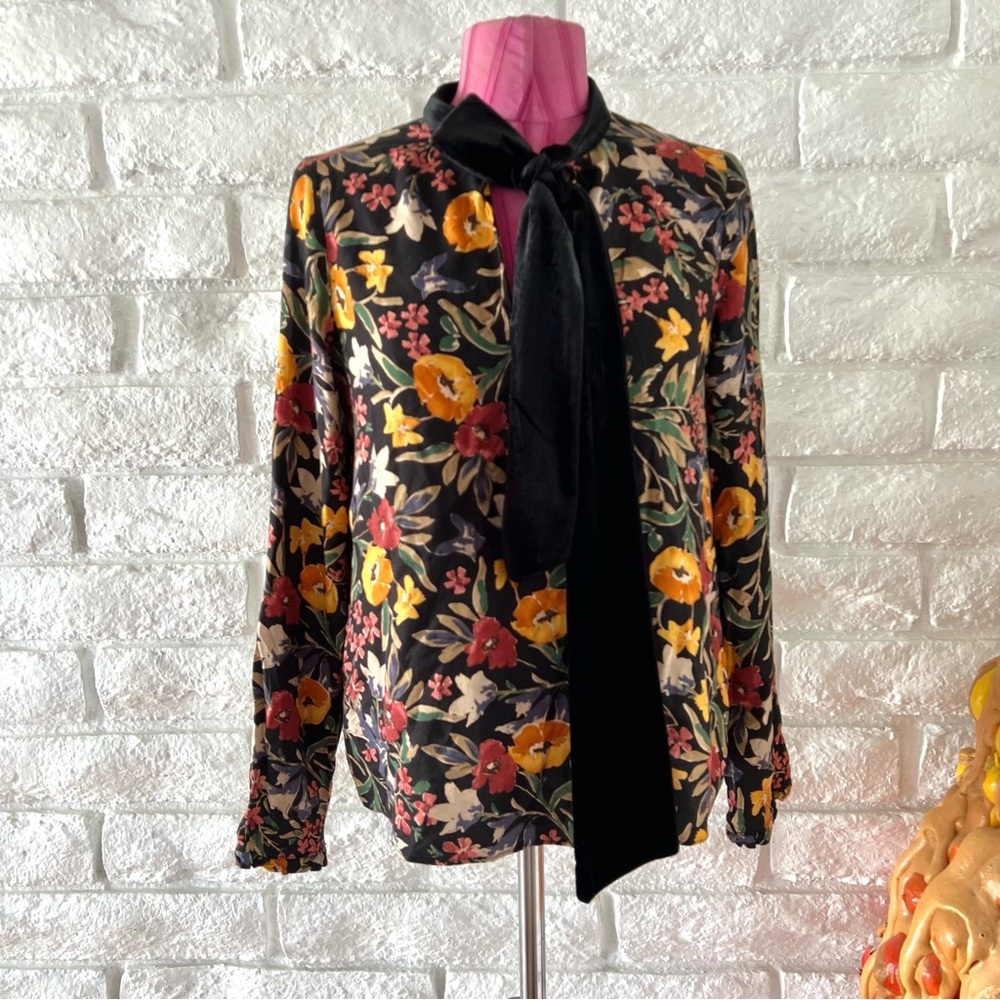 Zara Floral Long Sleeve Blouse with Black Tie Size Medium
